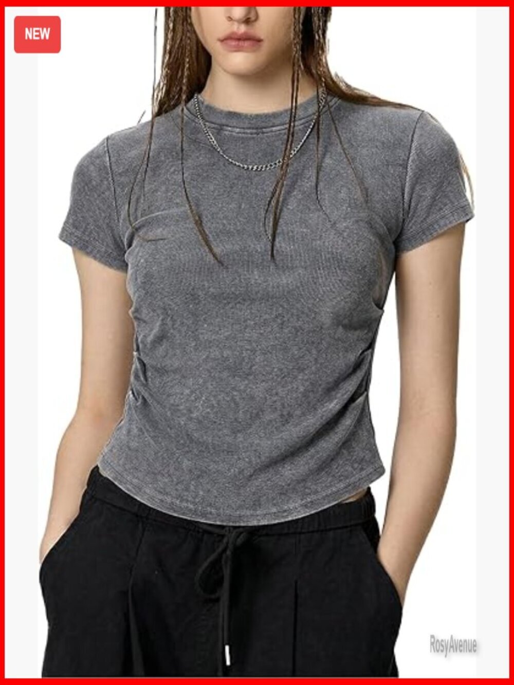 Ribbed Slim Fitted Cropped Tee with Ruched Detail Acid Wash Cotton